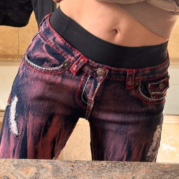 True Religion super T jeans distressed OOAK mid low rise red Rare NEW deadstock - Picture 3 of 16